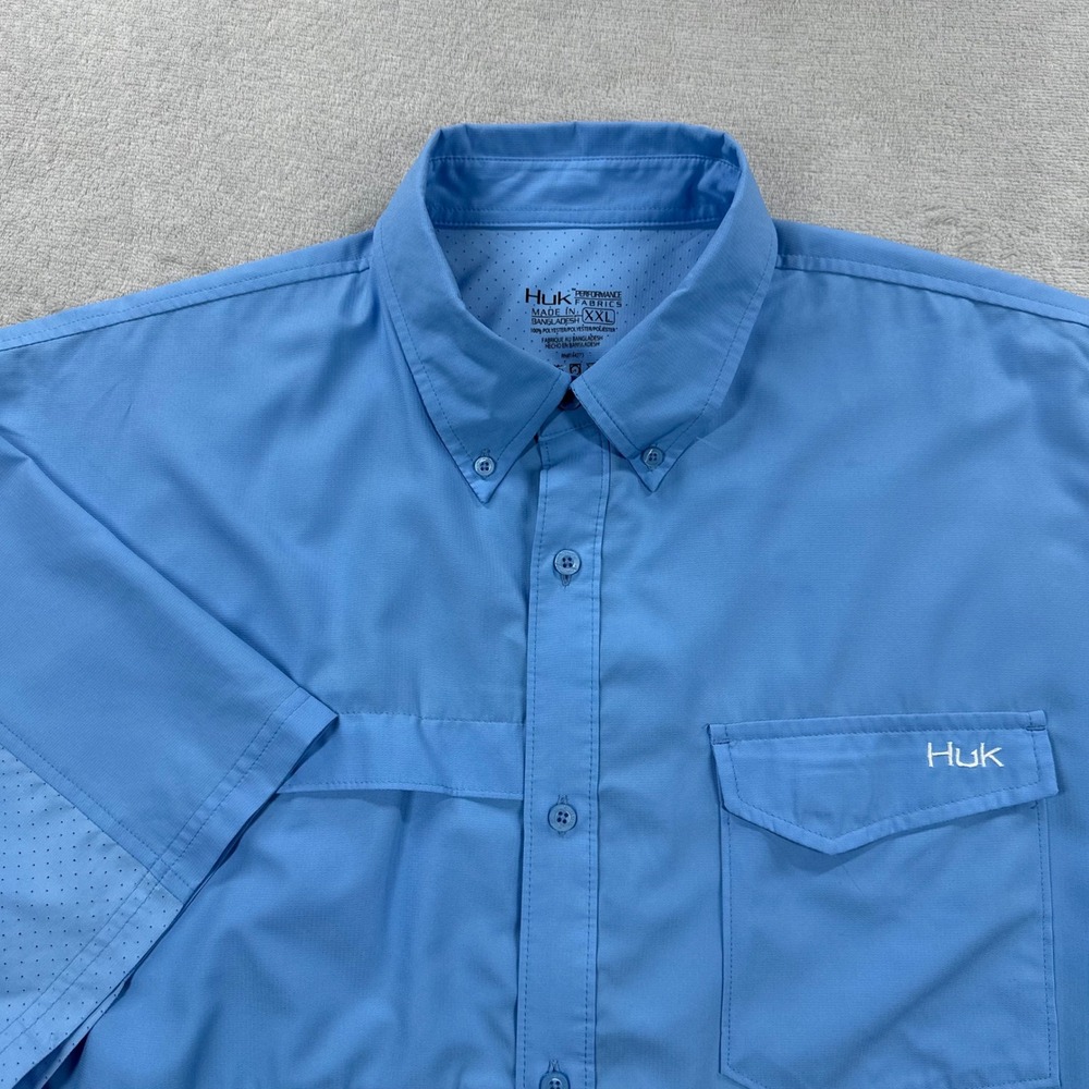 Huk Fishing Shirt Mens XXL Blue Short Sleeve Button Down Ventilated Performance
